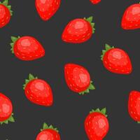 Gorgeous seamless pattern with juicy strawberries on black background. Backdrop with fresh summer garden berries, tasty fruits. Colorful vector illustration for wrapping paper, textile print.