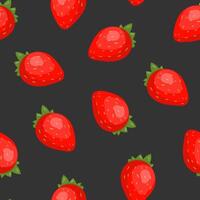 maravilloso sin costura modelo con jugoso fresas en negro antecedentes. fondo con Fresco verano jardín bayas, sabroso frutas vistoso vector ilustración para envase papel, textil impresión.