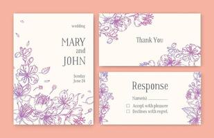 Set of gorgeous templates for Save the Date card, wedding invitation or thank you note with Japanese sakura flowers hand drawn with pink contour lines on light background. Floral vector illustration.