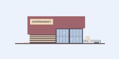 edificio de supermercado, tienda de comestibles Tienda o comida mercado con grande ventanas construido en moderno arquitectónico estilo. compras centro, comercial propiedad o real bienes. vistoso plano vector ilustración.