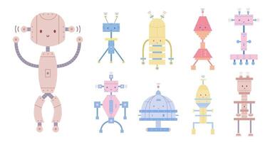 Collection of colorful cute smiling robots isolated on white background. Bundle of different toy cyborgs, funny electronic monsters or mechanical creatures. Cartoon characters. Vector illustration.