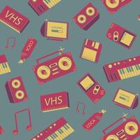 Seamless pattern with old school things. Colorful background with synthesizers, tape recorder, phone and other elements. vector