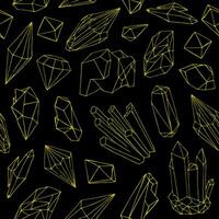 Seamless pattern with beautiful gems, crystals or precious stones hand drawn with yellow contour lines on black background. Natural vector illustration for wallpaper, backdrop, textile print.