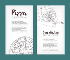 Set of flyer templates with contour drawings of classical pizza and grilled salmon steak on plates and place for text. Hand drawn vector illustration for pizzeria or seafood restaurant advertisement.