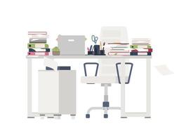 Office chair and desk completely covered with documents, folders, stationery. Table cluttered with papers. Working place and overwhelming amount of work. Colorful flat cartoon vector illustration.