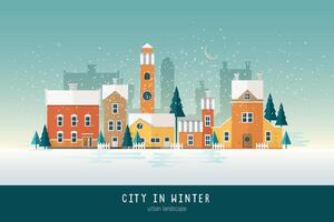 Beautiful urban landscape or cityscape with colorful antique buildings, towers and green spruce trees covered with snow. City street on winter night. Modern colored vector illustration in flat style