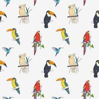 Beautiful tropical seamless pattern with different exotic birds sitting on tree branches and flying on white background. Colorful vector illustration for wallpaper, fabric print, wrapping paper.
