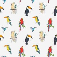 Beautiful tropical seamless pattern with different exotic birds sitting on tree branches and flying on white background. Colorful vector illustration for wallpaper, fabric print, wrapping paper.