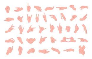 Collection of different hand gestures, signs shown with palm and fingers isolated on white background. Non-verbal or manual communication, emotional expressions, body language. Vector illustration.