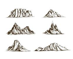 Collection of mountains hand drawn in vintage style. Set of beautiful retro drawings of different rock cliffs and peaks isolated on white background. Vector illustration.