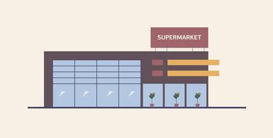 supermercado, compras centro comercial o grande caja Tienda construido en contemporáneo arquitectónico estilo. moderno edificio con grande ventanas comercial propiedad para Al por menor o real bienes. plano vector ilustración.