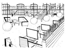 Monochrome drawing of interior of open co-working space with desks, computers, chairs and other modern furnishings. Hand drawn sketch of working environment or large office. Vector illustration.