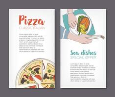 Set of flyer templates with colorful drawings of classical pizza and grilled salmon steak on plates and place for text. Hand drawn vector illustration for pizzeria or seafood restaurant advertisement.