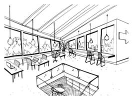 Freehand drawing of open space or coworking with large panoramic windows and comfortable furniture. Sketch of interior of modern office hand drawn in black and white colors. Vector illustration.