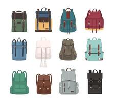 Large collection of fashionable backpacks or rucksacks. Modern casual and touristic accessories of different types and colors isolated on white background. Colorful flat vector illustration.