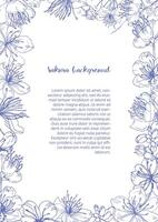 Monochrome background with floral frame consisted of beautiful blooming flowers and buds of Japanese sakura hand drawn with contour lines and place for text in center. Botanical vector illustration.