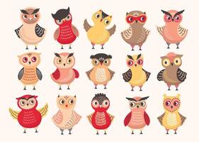 Collection of cute colorful owls decorated with different ornaments. Set of funny cartoon forest birds standing in various position isolated on white background. Colored vector illustration.