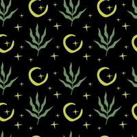 Esoteric seamless pattern. Moon, stars and plants on a black background. For cover, packaging, background vector