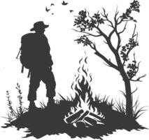 AI generated Silhouette camp activity with bonfire in nature black color only vector