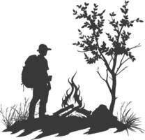 AI generated Silhouette camp activity with bonfire in nature black color only vector