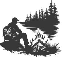 AI generated Silhouette camp activity with bonfire in nature black color only vector