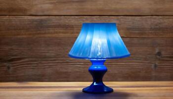 AI generated Full view of blue table lamp on a wooden background photo