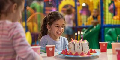 ai generado pequeño niña sonrisas a cumpleaños pastel con velas en mesa foto