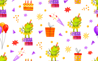 Seamless pattern with a frog for a kids holiday. The frog stands on boxes with gifts and holds a garland. Cartoon festive birthday background. Children's hand-drawn background for birthdays png
