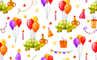 Seamless pattern with a turtle for a kids holiday. A turtle flies in a hot air balloon. Cartoon festive background with cake and gifts and birthday decor. Children's hand-drawn background for birthday png