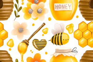 Seamless pattern with honey. Honey and bees with honeycombs. Nature. Cute baby background. Hand drawn illustration png