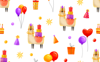 Seamless pattern with llama for kids holiday. Alpaca with gifts. Cartoon festive birthday background with cake and gifts, balloons. Children's hand-drawn background for birthdays and kids holidays png