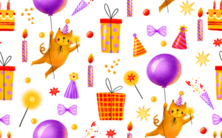 Seamless pattern with a cat in a balloon for a kids holiday. Cartoon holiday background with cake and gifts. Children's hand-drawn background for birthdays and children's holidays. png