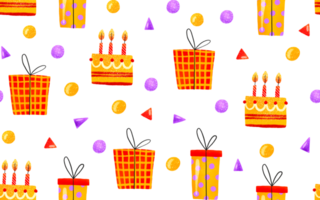 Seamless background with cakes and gifts. Happy birthday. Children's hand-drawn background for birthdays and children's holidays. png