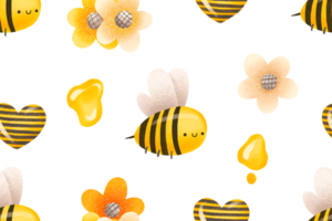 Seamless pattern with bees and flowers. Honey background. Cute baby background. Hand drawn illustration png