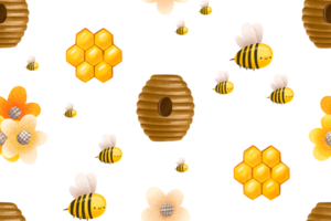 Seamless pattern with honey, honeycomb, beehive and bees. Cute baby background. Hand drawn illustration png