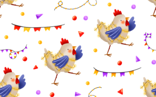Seamless pattern with animals for kids holiday. Cartoon funny rooster with garland celebrating Happy Birthday. Children's hand-drawn background for birthdays and children's holidays. png