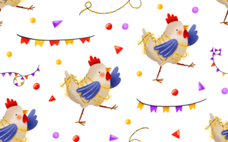 sin costura modelo con animales para niños día festivo. dibujos animados gracioso gallo con guirnalda celebrando contento cumpleaños. para niños dibujado a mano antecedentes para cumpleaños y para niños vacaciones. png