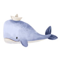 Blue cartoon whale in a paper cap. Whale sailor. Cute hand drawn baby illustration on isolated background png