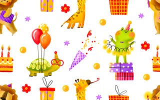 Seamless background with cakes and gifts. Family animals celebrate happy birthday. Children's hand-drawn background for birthdays and children's holidays. png