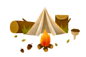 Composition with a tent in the forest near a fire. Hiking in the mountains. Tourism. Cute childish hand drawn illustration on isolated background png