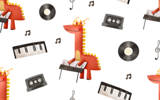 Seamless pattern with dinosaur musicians. The dinosaur plays the synthesizer. Endless hand drawn background illustration. Ideal for textile print design png