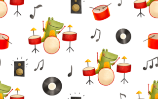 Seamless pattern with dinosaur musician. Cartoon dinosaur drummer plays the drum. Rock star. Endless hand drawn background illustration. Ideal for textile print design of nursery and room png