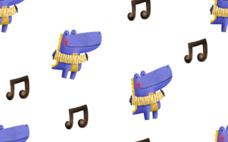 senza soluzione di continuità modello con dinosauro musicisti. cartone animato dinosauro giochi il armonica. roccia stella. luminosa bambini sfondo. infinito mano disegnato sfondo illustrazione. ideale per tessile Stampa design png