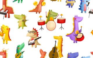 sömlös mönster med tecknad serie dinosaurier musiker. sten stjärnor spela musikalisk instrument. konsert av en musik grupp. rolig ritad för hand orkester konstnärer. ändlös hand dragen bakgrund. png