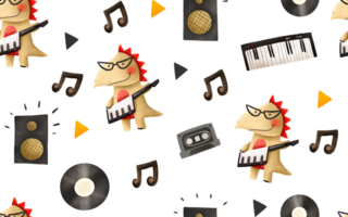 senza soluzione di continuità modello con dinosauro musicista. roccia stella giochi sintetizzatore. concerto di un' musica gruppo. infinito mano disegnato sfondo. ideale per figli di tessile design e stampa png