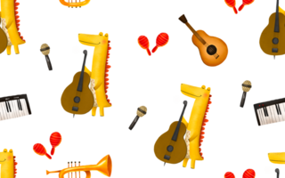 Seamless pattern with dinosaur musicians. Cartoon dinosaur plays the cello. Rock star. Bright kids background. Endless hand drawn background illustration. Ideal for textile print design png