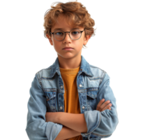 ai genererad ung pojke med glasögon stående korsade vapen png