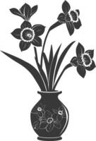 AI generated Silhouette daffodil flower in the vase black color only vector