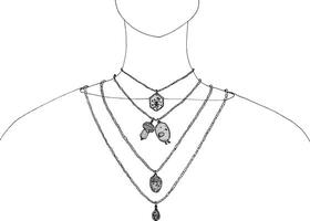 different pendants on chains on a woman's neck photo