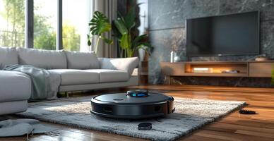 AI generated A robot vacuum cleaner does dry and wet cleaning of the house, modern technologies - AI generated image photo